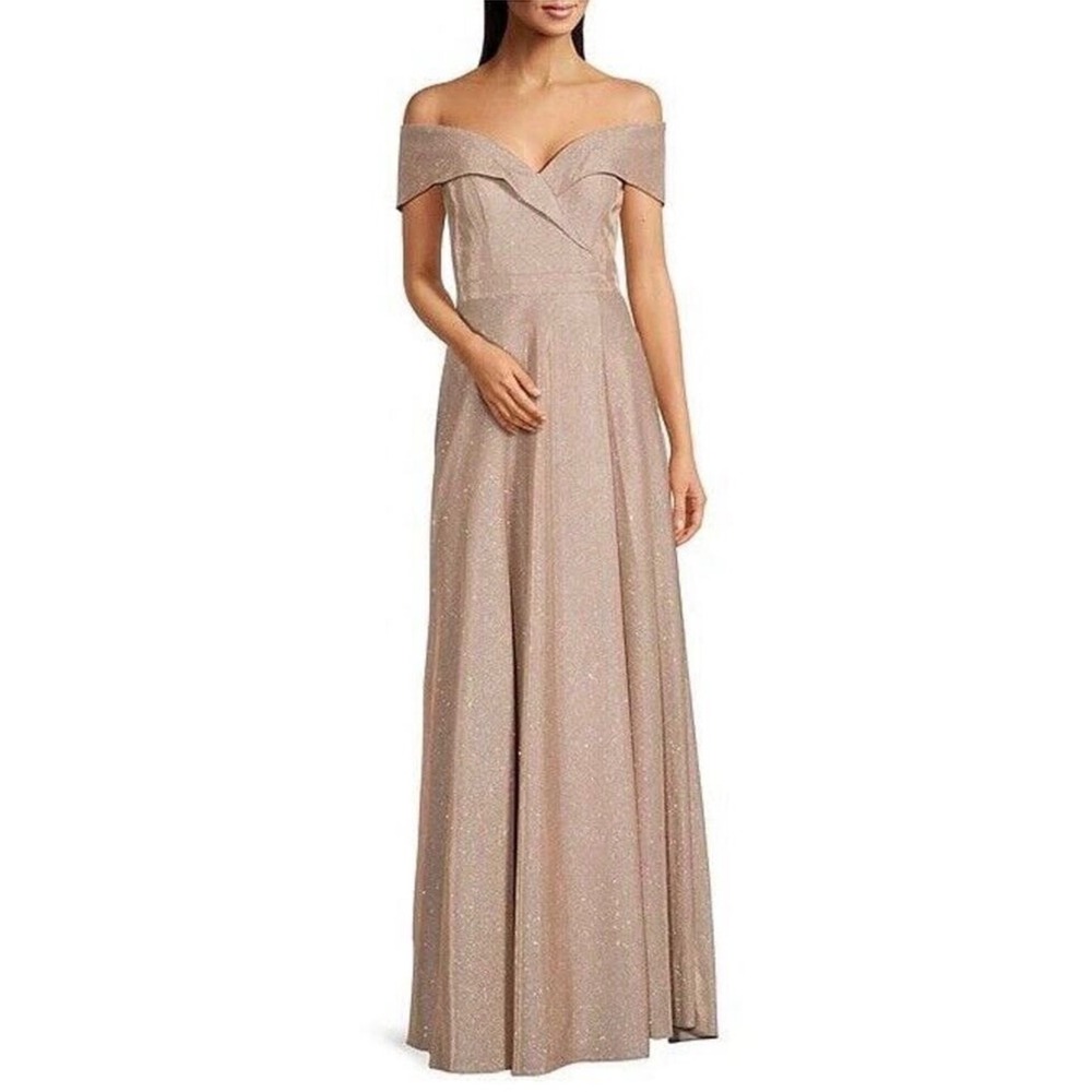 NWT XSCAPE Plus Size Off-the-Shoulder Glitter Gown Gold Sz 14W $329‎